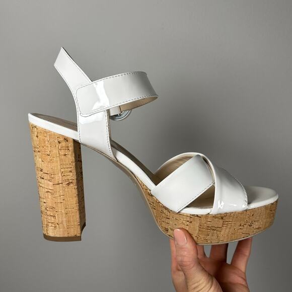 NeroGiardini White & Tan Cork Buckle Patent Leather Platform Heels Women's 11 - Picture 11 of 11